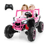 2-seater pink kids ride-on UTV with remote control, safety belts, and bright headlights for outdoor fun.