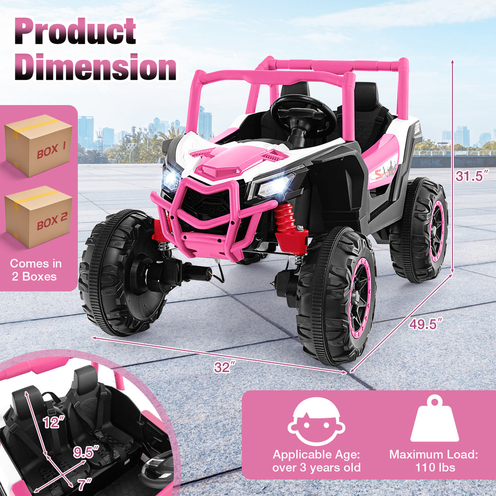 Pink 2-seater kids ride-on UTV with remote control, safety belts, and headlights for children over 3 years old.