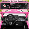 Close-up of the steering wheel and dashboard of the pink 2-seater kids UTV with MP3 player and remote control features.