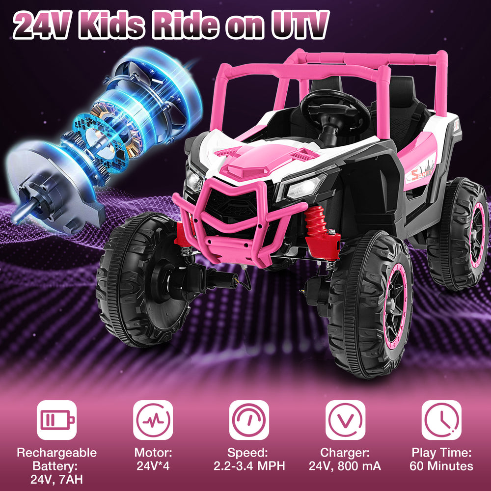 2-seater pink kids ride on UTV with remote control, safety belts, and headlights for outdoor fun and secure driving.