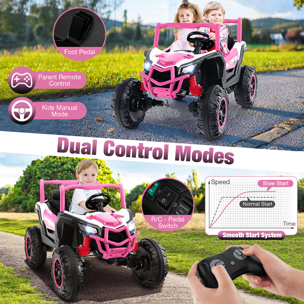 2-seater pink kids ride-on UTV with remote control, featuring safety belts, headlights, and a smooth start system for.