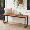 Stylish outdoor dining bench with acacia wood top and metal legs, adjustable foot pads for stability on uneven surfaces.