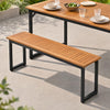 Acacia wood 2-seater outdoor dining bench with metal legs, featuring a slatted surface for breathability and easy cleaning.