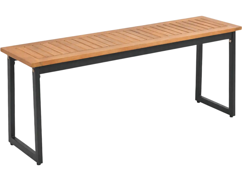 Acacia wood 2-seater outdoor dining bench with metal legs, featuring a slatted surface and 800 lbs weight capacity.