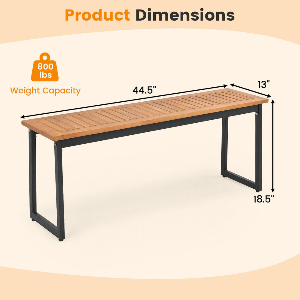 2-seater outdoor dining bench with acacia wood seat, metal legs, and 800 lbs capacity, suitable for indoor and outdoor use.