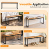 2-seater outdoor dining bench with acacia wood seat and metal legs, suitable for patio, porch, or balcony use.