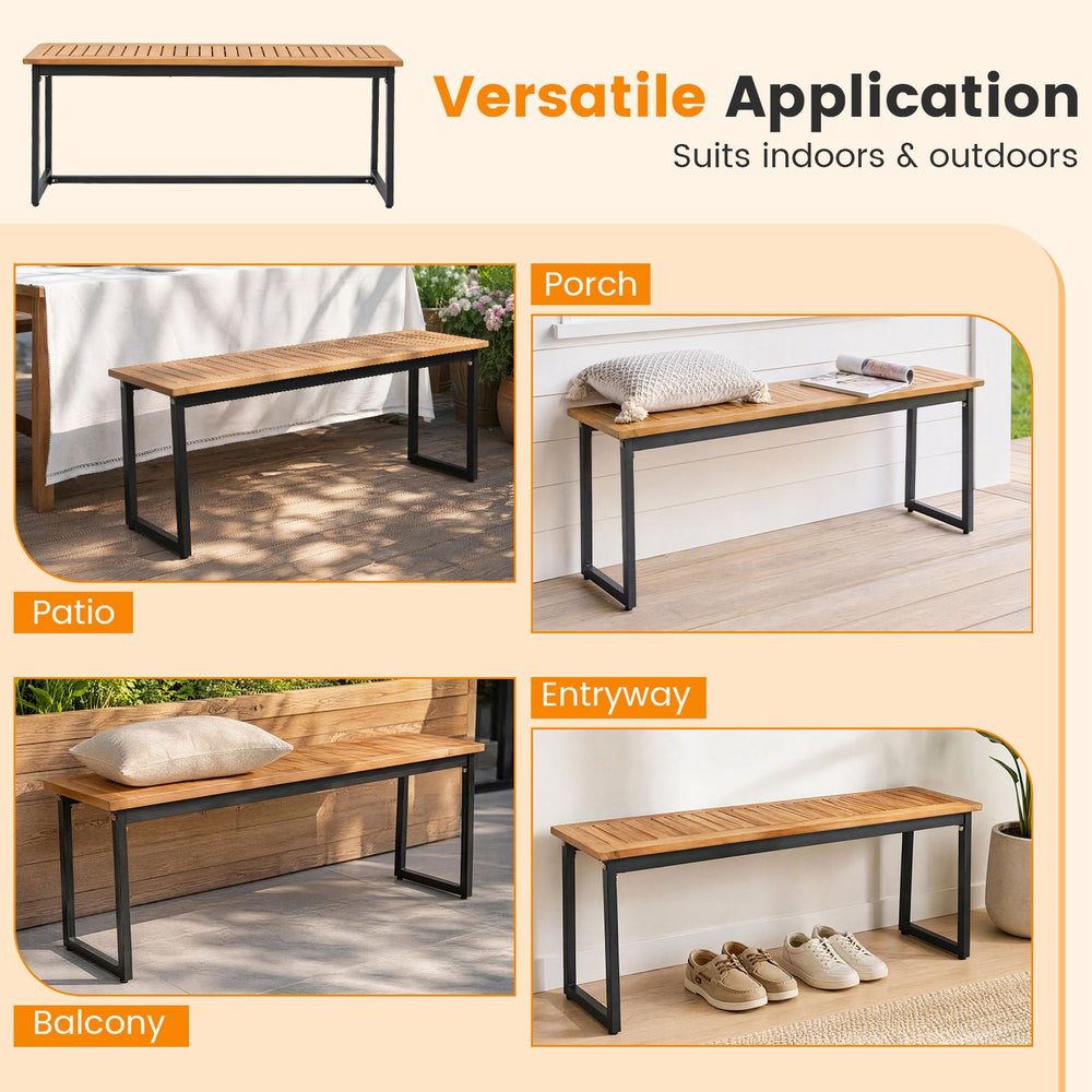 2-seater outdoor dining bench with acacia wood seat and metal legs, suitable for patio, porch, or balcony use.