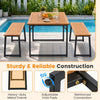 Outdoor dining bench with acacia wood seat, metal legs, and 800 lbs capacity, perfect for versatile indoor or outdoor use.