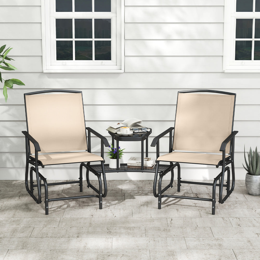 Beige outdoor glider chair with contoured armrests, featuring a robust metal frame and breathable mesh fabric for comfort.