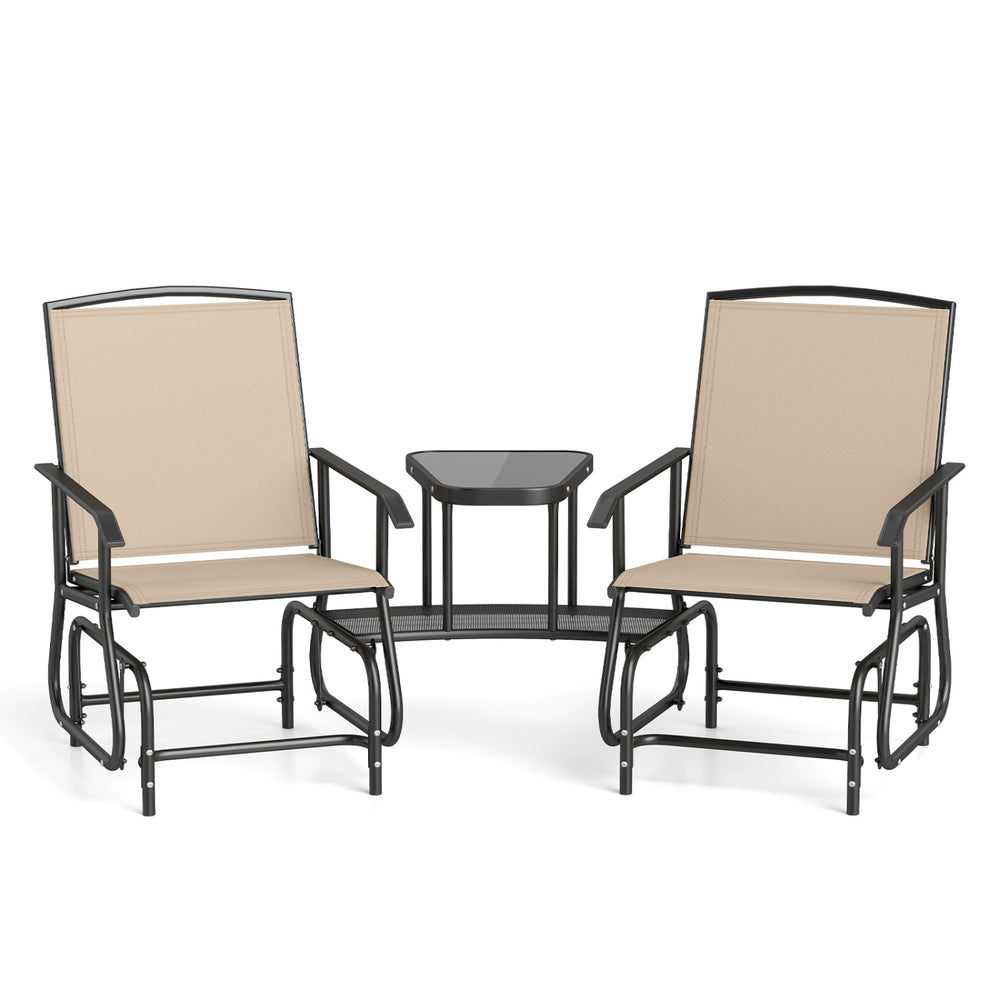 Two beige outdoor glider chairs with a two-tier center table, featuring breathable mesh fabric and a robust metal frame.