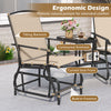 Ergonomic 2-seater outdoor glider bench with a built-in table, breathable mesh fabric, and contoured armrests for comfort.