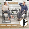 Outdoor glider bench with a robust metal frame, featuring breathable mesh fabric and a built-in table for convenience.