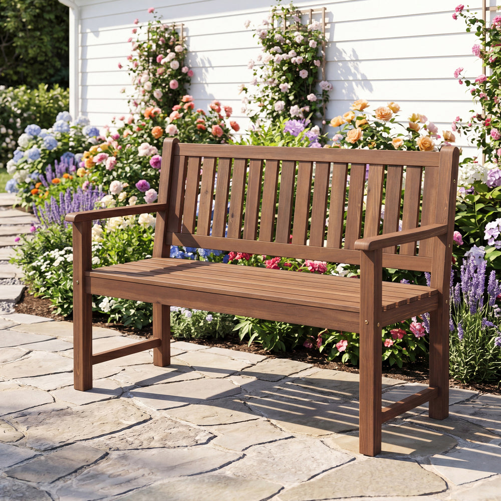 2-seater outdoor wooden bench in brown with backrest and armrests, designed for comfort and stability in any space.