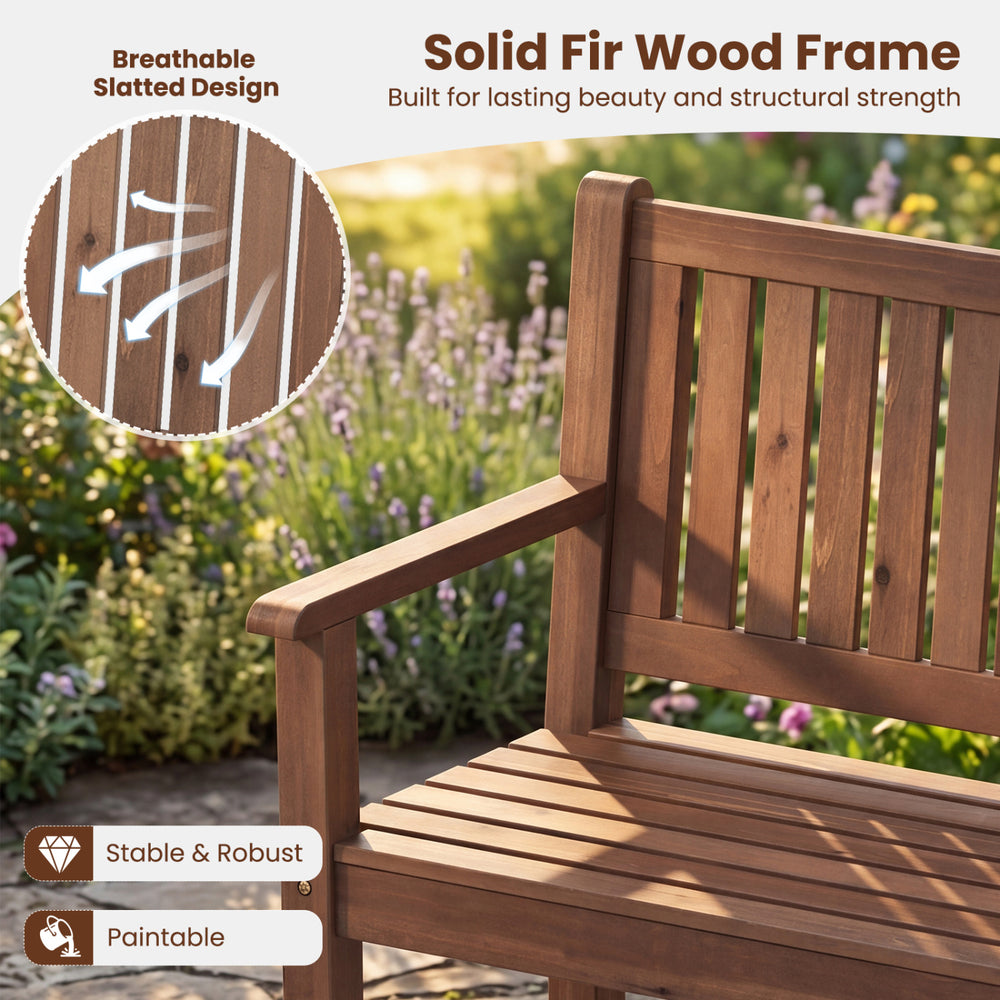 2-seater outdoor wooden bench with backrest and armrests, made of solid fir wood, designed for comfort and durability.