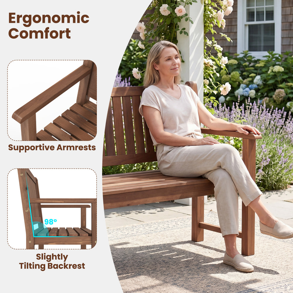 2-seater outdoor wooden bench in brown features a slightly tilting backrest and supportive armrests for comfortable seating.