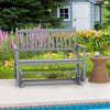 Gray 2-seat outdoor glider bench with armrests and slatted seat, perfect for relaxing in the garden or patio.