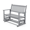 Gray 2-seat outdoor glider bench with armrests and slatted seat, perfect for garden or patio relaxation.