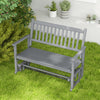 Gray 2-seat outdoor glider bench with armrests and slatted seat, perfect for garden and patio relaxation.