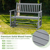 2-seat outdoor glider bench in gray with armrests, made of solid poplar wood, ideal for patio relaxation.