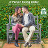 2-person outdoor glider bench in gray with armrests, slatted seat, and 500 lbs capacity for garden or patio relaxation.
