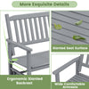 Detail shot of the gray outdoor glider bench showcasing the ergonomic slanted backrest and slatted seat surface.