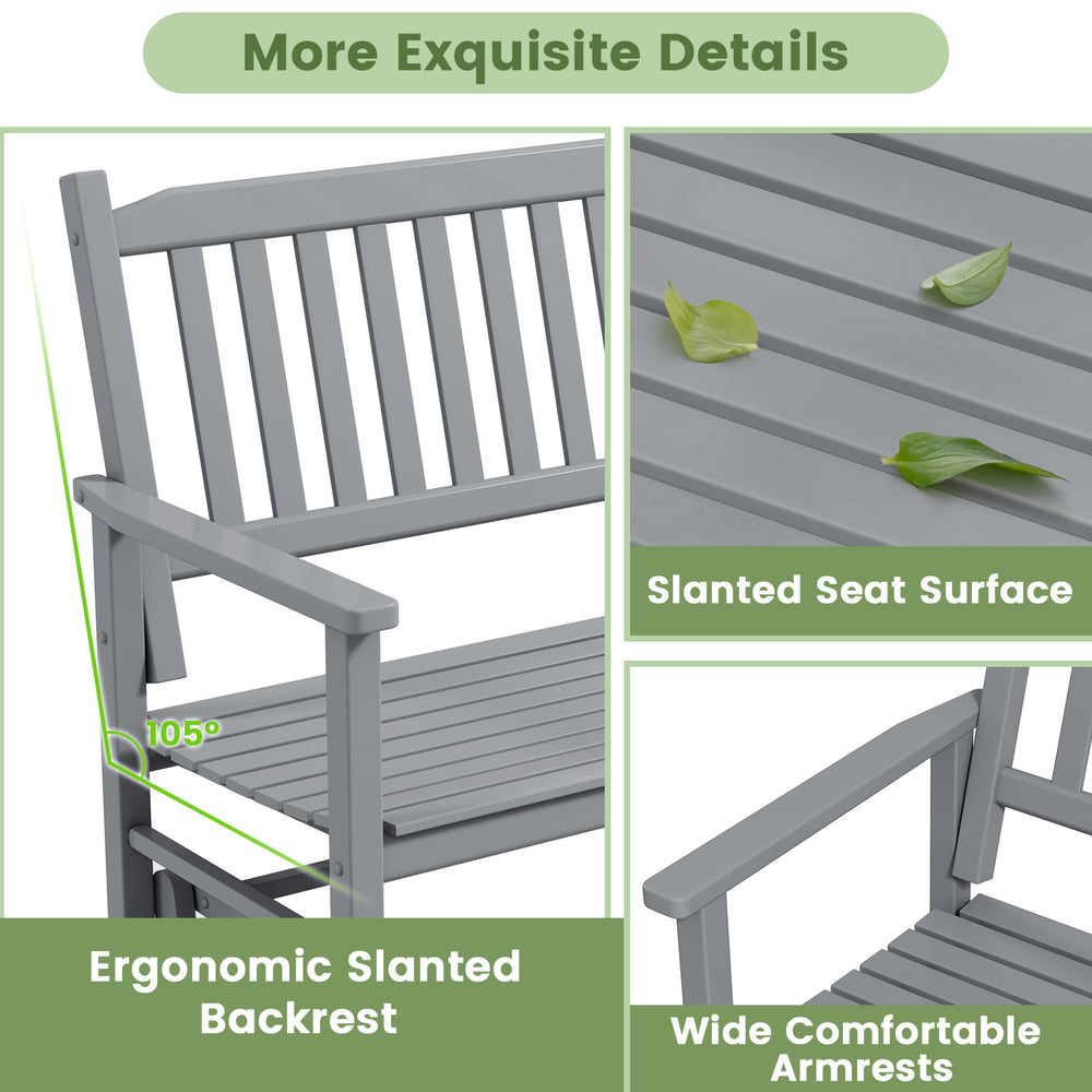 Detail shot of the gray outdoor glider bench showcasing the ergonomic slanted backrest and slatted seat surface.