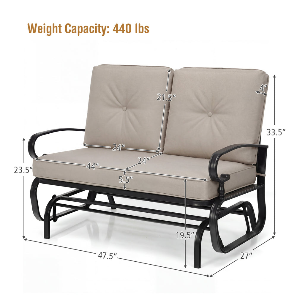 Outdoor swing glider chair dimensions showing a sturdy steel frame, comfortable cushions, and elegant design for two-person use.
