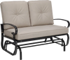 Outdoor swing glider chair with a stylish gourd design, ergonomic curved armrests, and beige cushions for cozy seating.