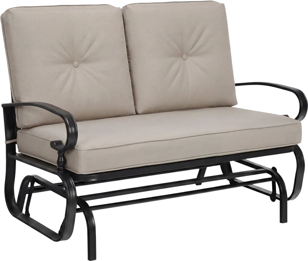 Outdoor swing glider chair with a stylish gourd design, ergonomic curved armrests, and beige cushions for cozy seating.