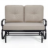 2-seat outdoor swing glider chair with beige cushions, sturdy steel frame, and ergonomic design for patio relaxation.