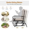 2-seat outdoor swing glider chair with beige cushions, sturdy steel frame, perfect for patio relaxation and comfort.