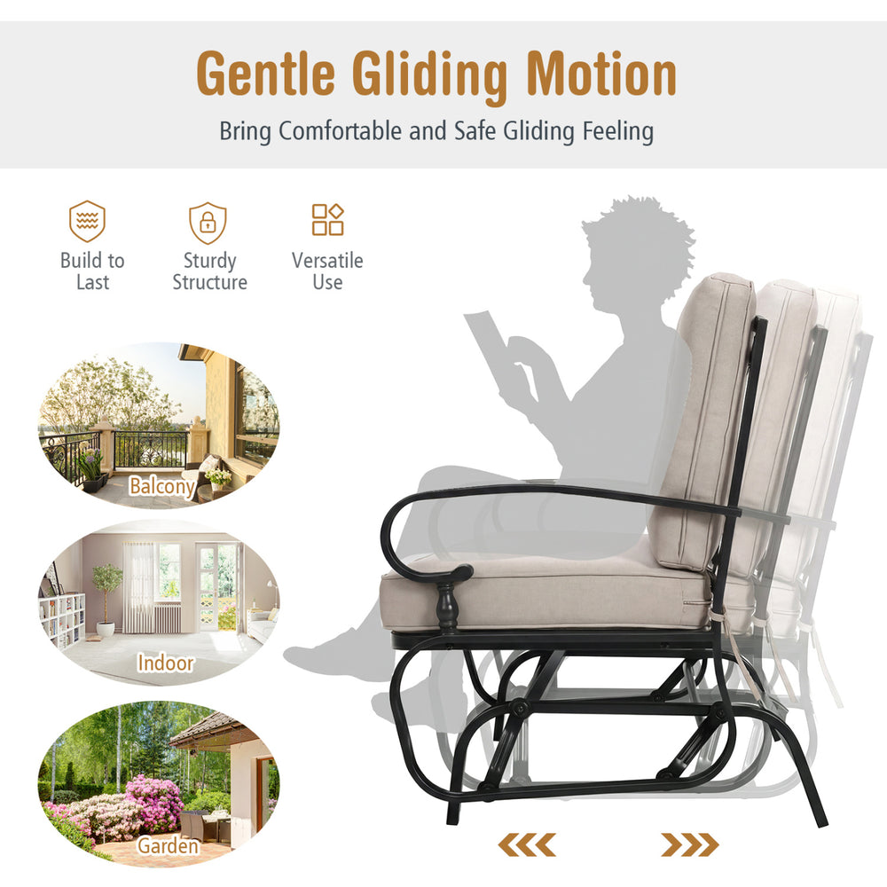 2-seat outdoor swing glider chair with beige cushions, sturdy steel frame, perfect for patio relaxation and comfort.