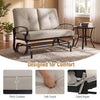 2-seat outdoor swing glider chair in beige with thick cushions, ergonomic backrest, and sturdy steel frame for patio relaxation.