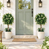 Two 26-inch artificial topiary trees with white blossoms in weighted pots, perfect for front porches and home decor.
