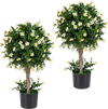 Two 26-inch artificial topiary trees with white blossoms in weighted pots, perfect for home decor and maintenance-free greenery.