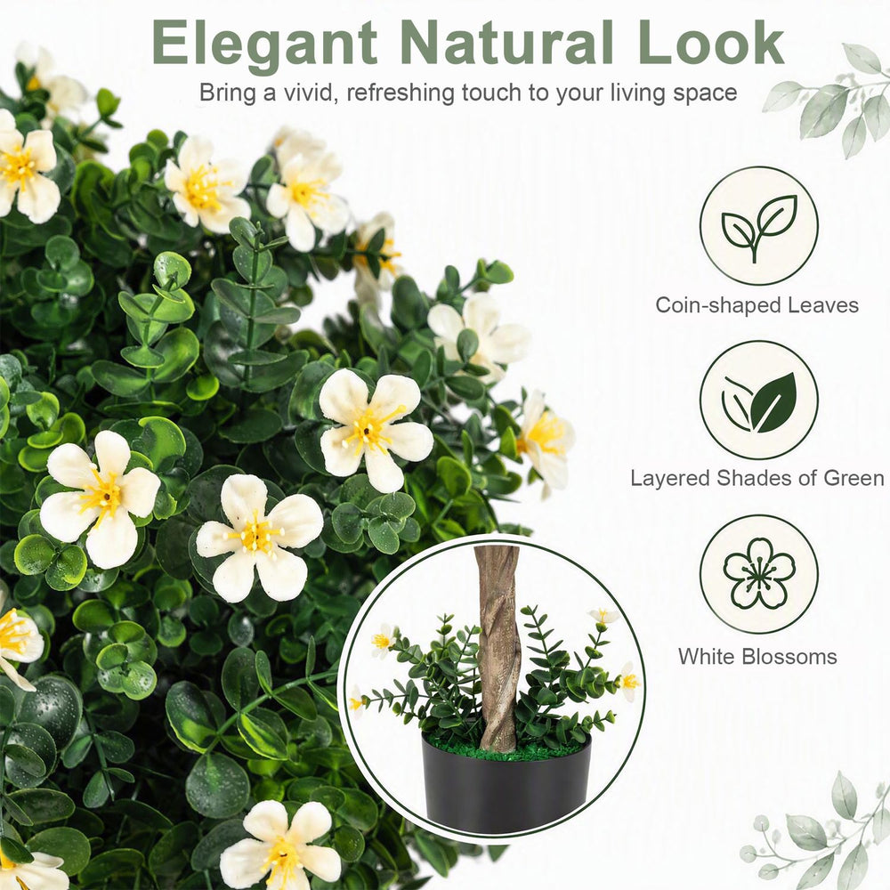Realistic 26-inch artificial topiary tree with white blossoms and durable PE material, perfect for home or office decor.