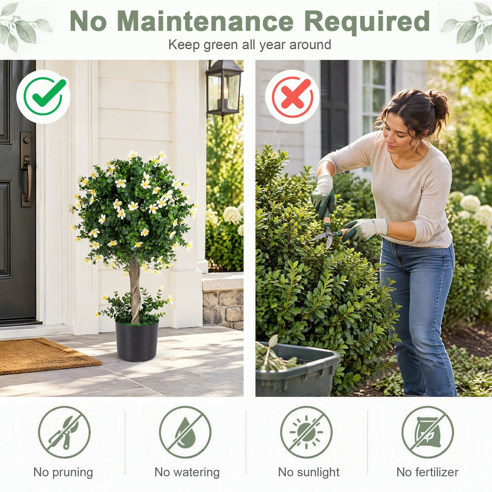 Realistic 26-inch artificial topiary tree with white blossoms in a weighted pot, ideal for maintenance-free decoration.