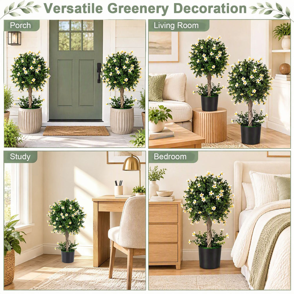 Artificial topiary tree set with white blossoms in durable pots, perfect for versatile home and office decoration.