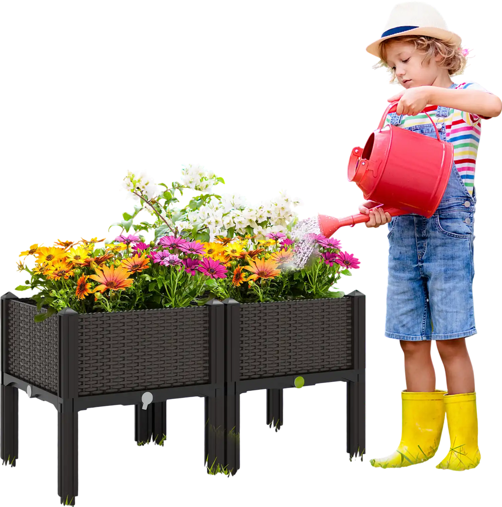 Elevated plastic raised garden bed planter kit with flowers, featuring rattan patterns and self-watering design for.