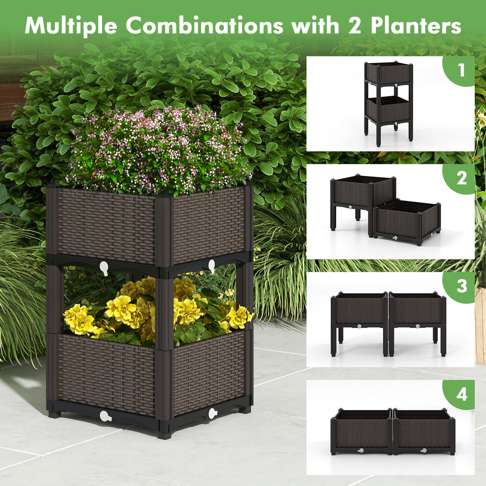 Two elevated plastic raised garden bed planters in brown, designed for versatile combinations, ideal for flowers and.