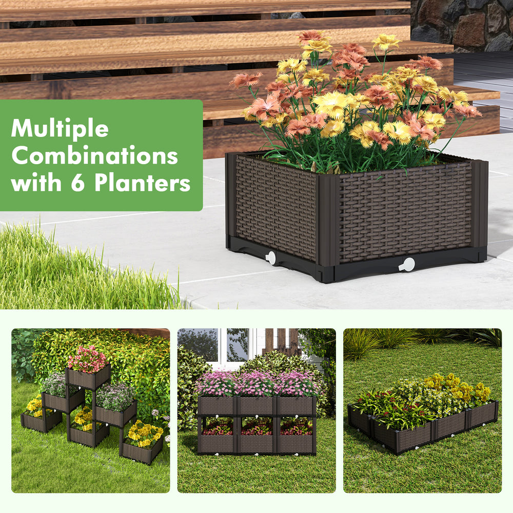 Elevated plastic raised garden bed planter kit with rattan pattern, ideal for flowers and vegetables in outdoor spaces.