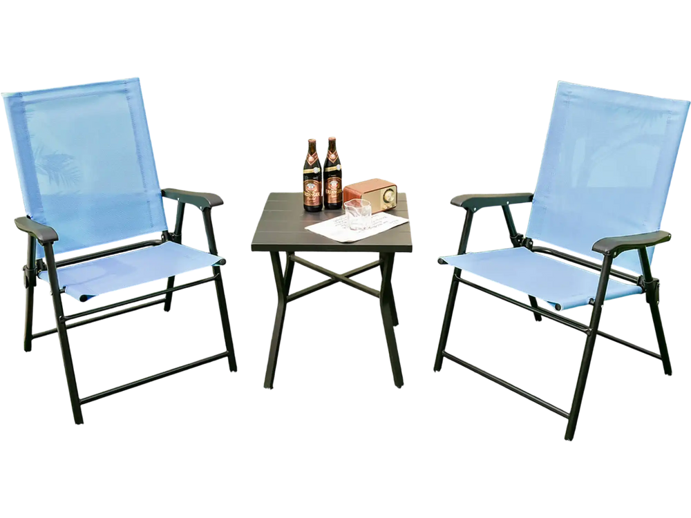 Two blue patio dining chairs with armrests and a metal frame, set on green grass for outdoor relaxation.