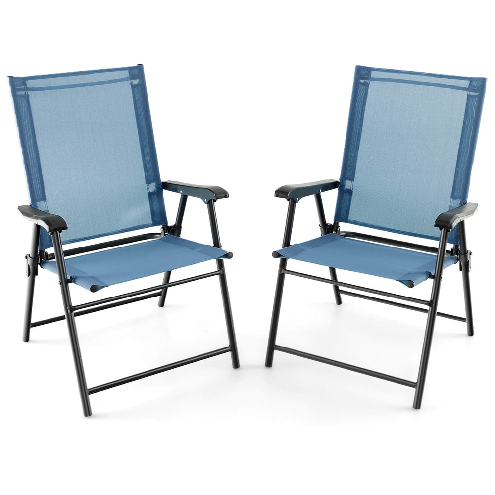 Two blue patio dining chairs with armrests and metal frame, featuring a folding design for easy storage and transport.
