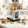 Stainless steel toaster with defrost and reheat buttons, ensuring perfectly toasted bread for any occasion.