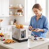 Toaster with a modern design, featuring six browning levels and four bread types, perfect for customized morning meals.
