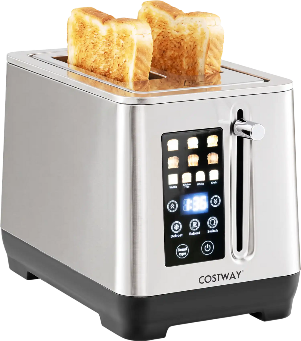 Stainless steel toaster with 6 browning levels, 4 bread types, and LED display for effortless operation and consistent results.