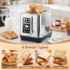 Toaster with a sleek stainless steel finish, designed for four bread types and featuring a convenient stop button for easy operation.