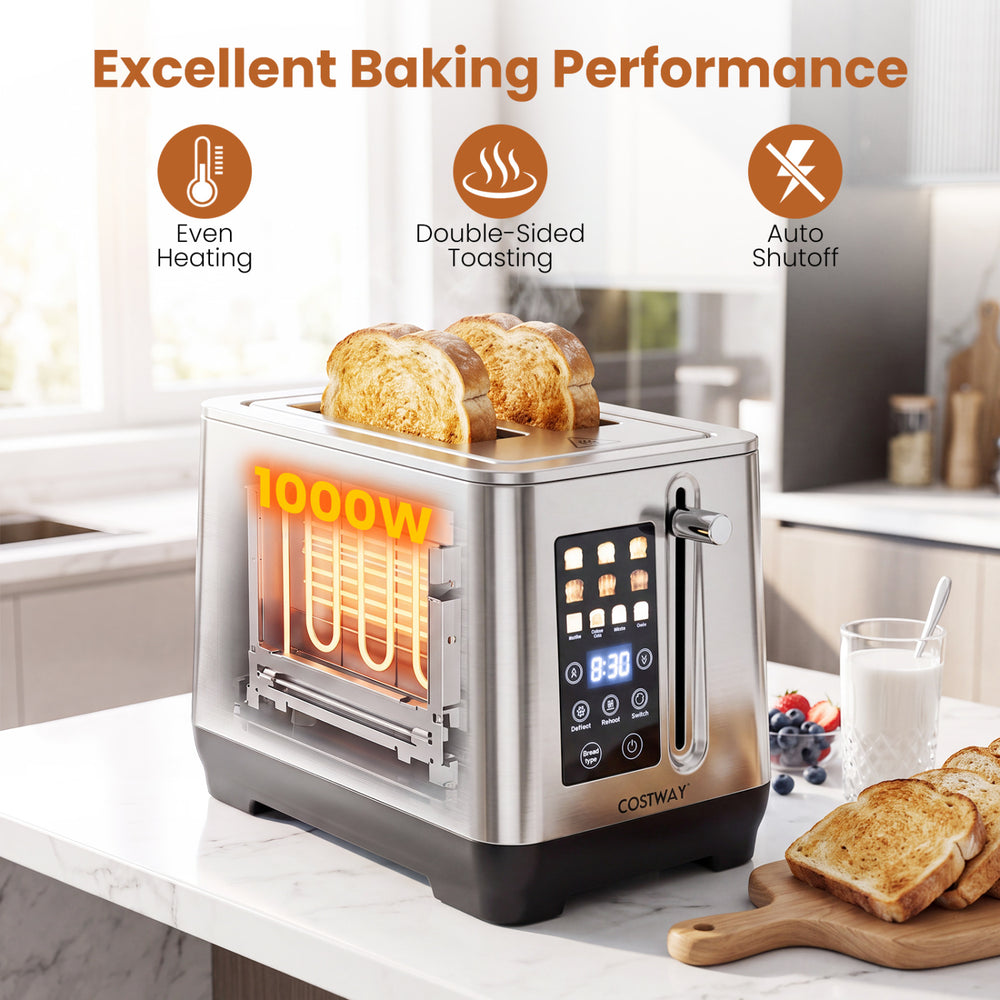 Toaster with 6 browning levels and 4 bread types, featuring even heating and auto shutoff for safe, efficient toasting.