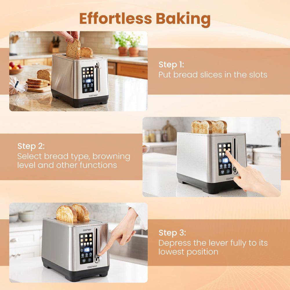 Toaster with intuitive LED display, 6 browning levels, and 4 bread types for effortless baking and consistent results.