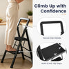 Two-step black folding step stool features wide anti-slip pedals and a secure grip handle for safe climbing.